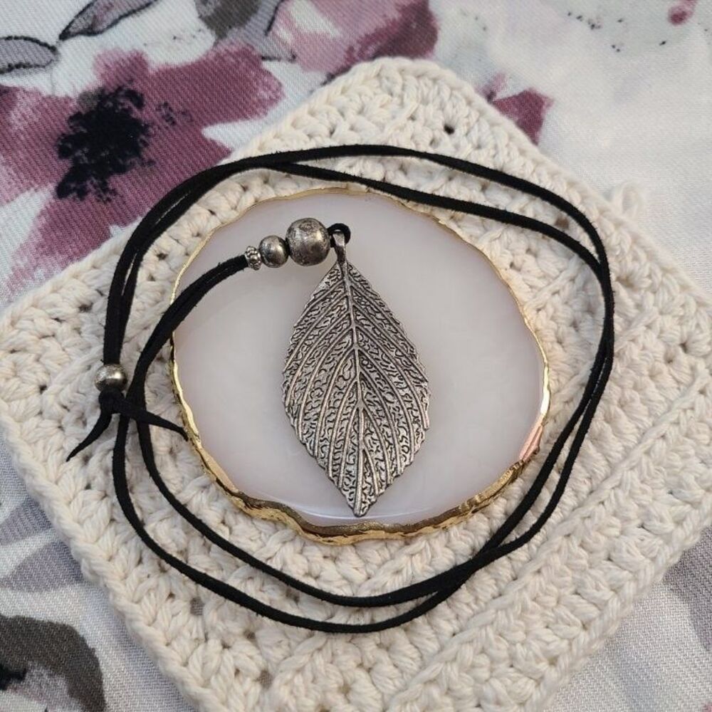Boho Textured Silver Leaf Pendant Necklace Black Cord 18" Bohemian Fashion Jewel
